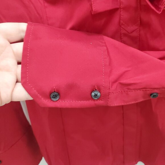 Express Design Studio Women's Y2K Dark Red Stretch Ruffle V-Neck Career Shirt S - Picture 3 of 7